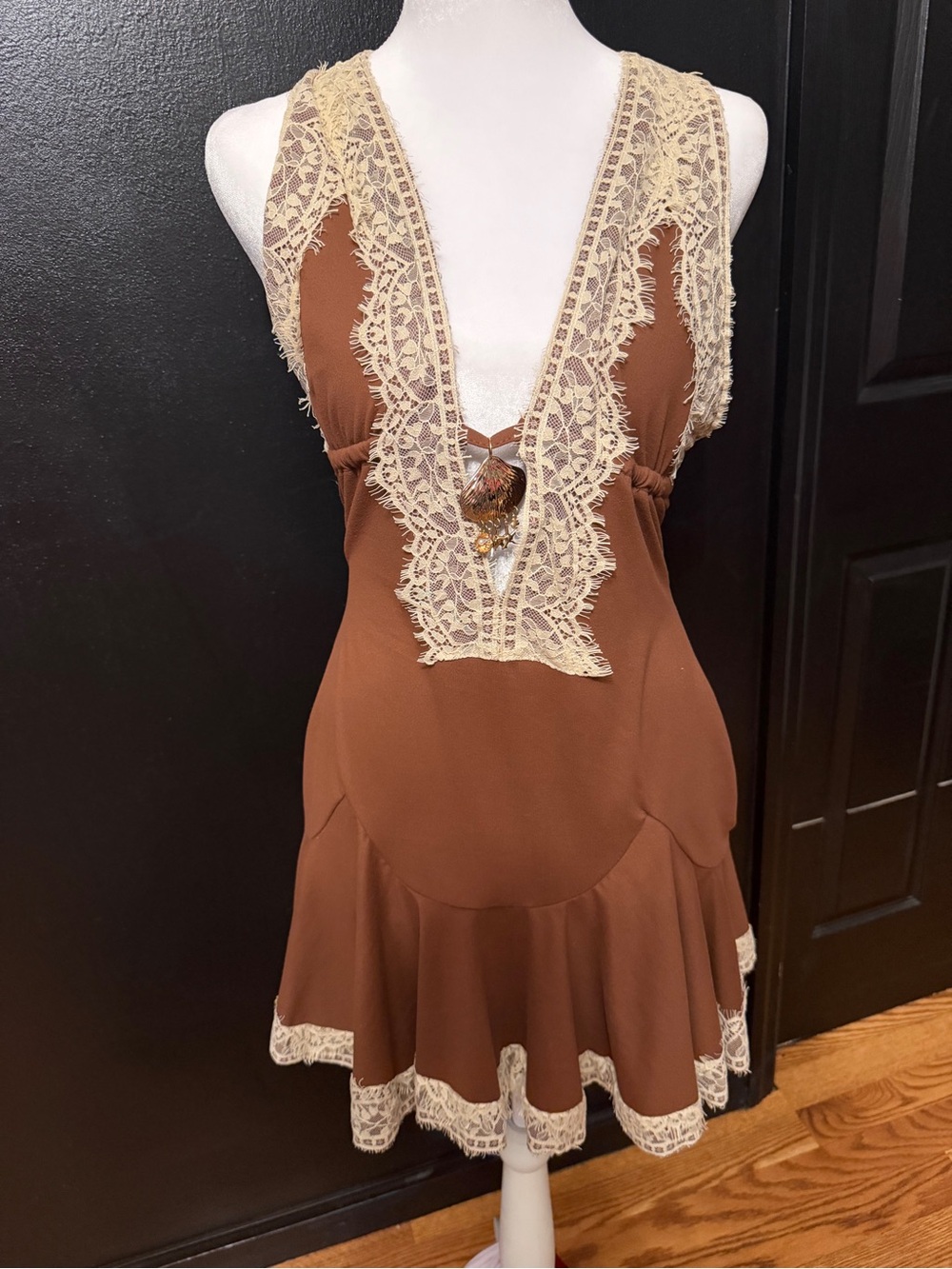 SHEIN Brown Mini Dress with Cream Lace Accents